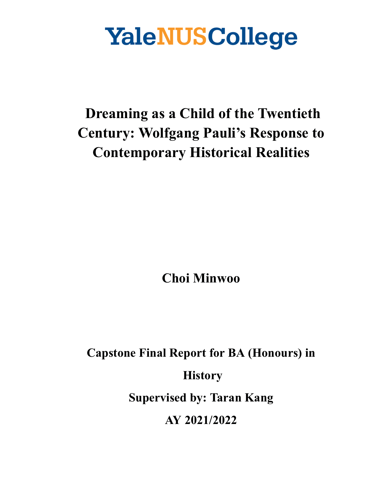 Title page of the honours thesis: Dreaming as a Child of the Twentieth Century.