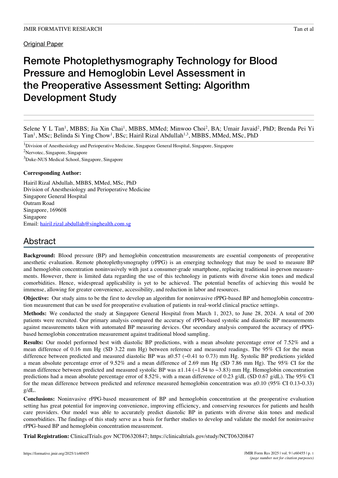 First page of the JMIR Formative Research paper on remote photoplethysmography.