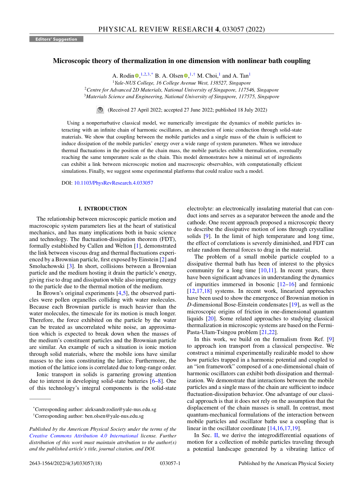 First page of the Physical Review Research paper on thermalization in one dimension.